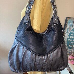 Nina Raye Ostrich & Metallic Silver Leather Shoulder Bag